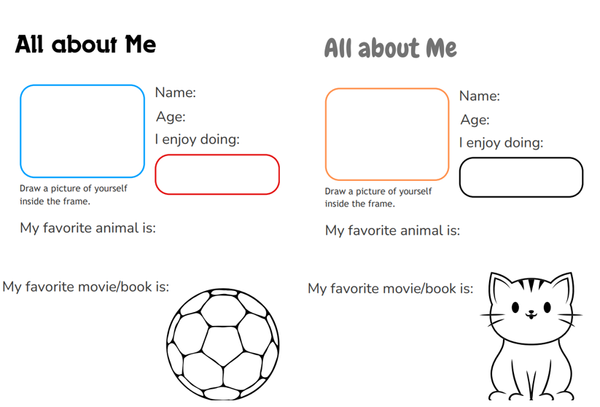 "All about Me" pages with coloring